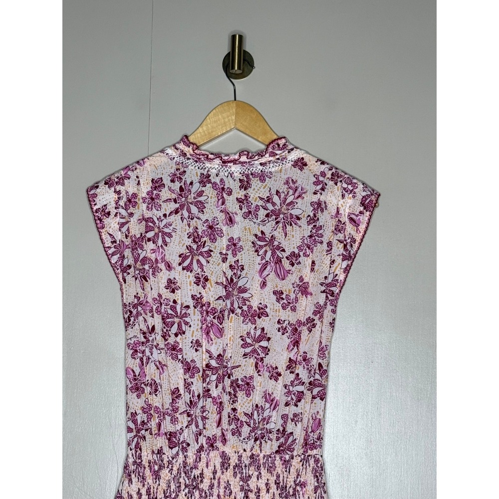 Poupette St Barth Pink Floral Smocked Mini Dress XS Lace Trim Faux Wrap - Picture 6 of 7